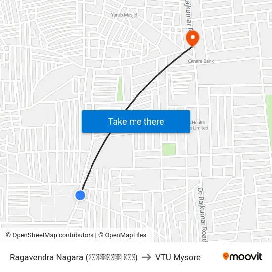 Ragavendra Nagara (ರಾಘವೇಂದ್ರ ನಗರ) to VTU Mysore map