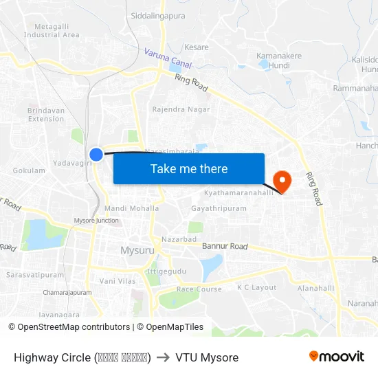 Highway Circle (ಹೈವೇ ವೃತ್ತ) to VTU Mysore map