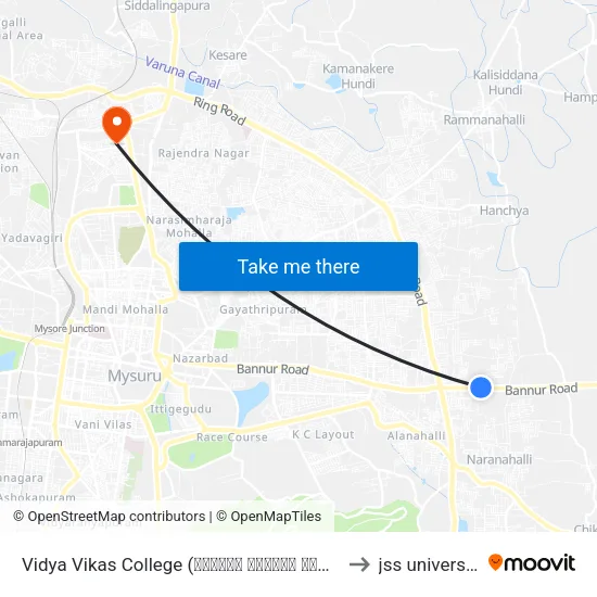 Vidya Vikas College (ವಿದ್ಯಾ ವಿಕಾಸ್‌ ಕಾಲೇಜು) to jss university map