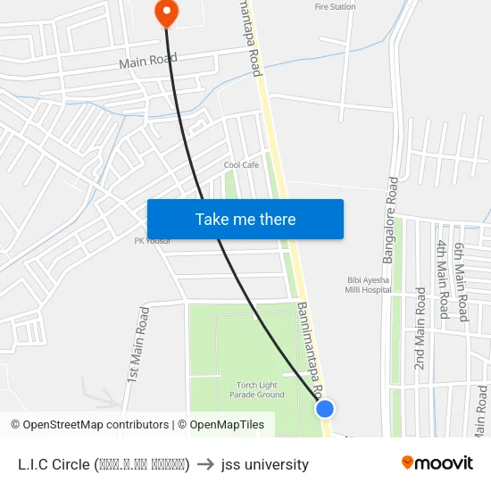 L.I.C Circle (ಎಲ್.ಐ.ಸಿ ವೃತ್ತ) to jss university map