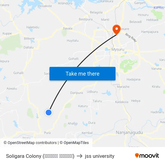 Soligara Colony (ಸೋಲಿಗರ ಕಾಲೋನಿ) to jss university map