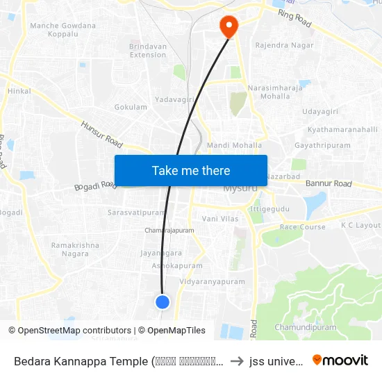 Bedara Kannappa Temple (ಬೇಡರ ಕಣ್ಣಪ್ಪ ದೇವಸ್ಥಾನ) to jss university map