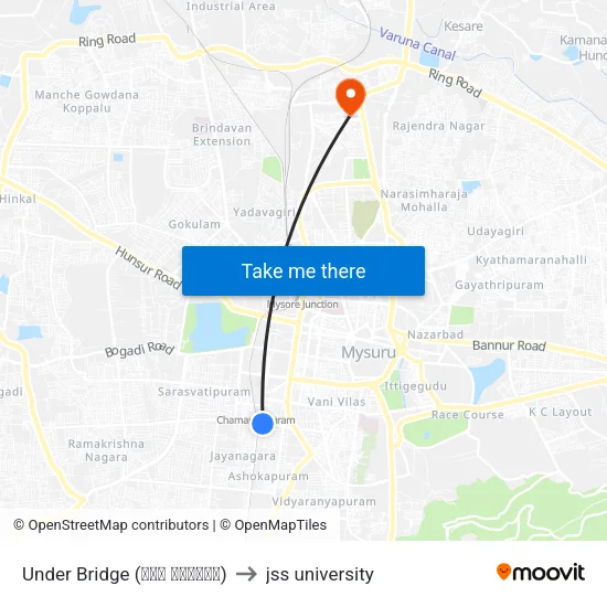 Under Bridge (ಕೆಳ ಸೇತುವೆ) to jss university map