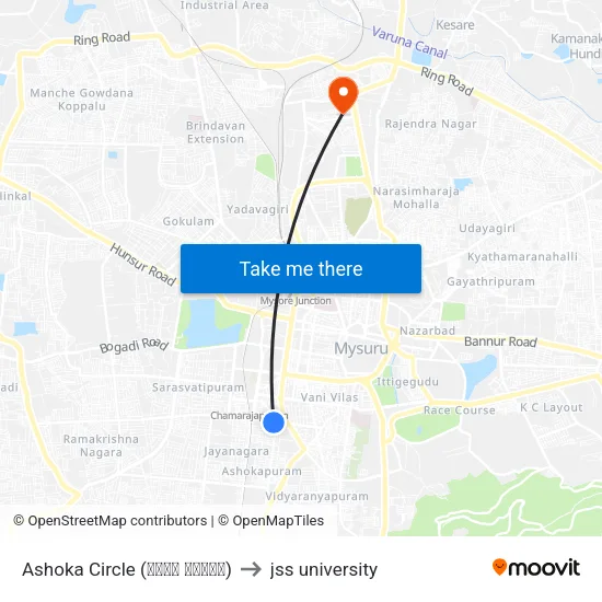 Ashoka Circle (ಅಶೋಕ ವೃತ್ತ) to jss university map