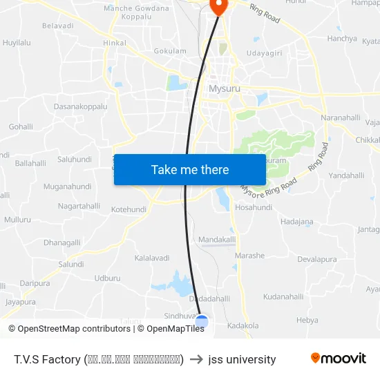 T.V.S Factory (ಟಿ.ವಿ.ಎಸ್ ಫ್ಯಾಕ್ಟರಿ) to jss university map
