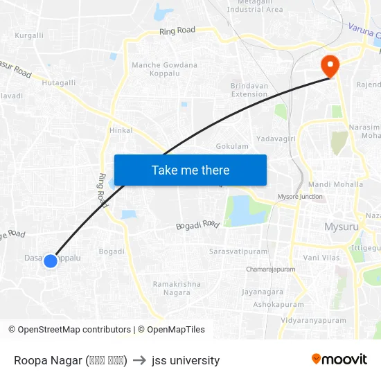 Roopa Nagar (ರೂಪ ನಗರ) to jss university map