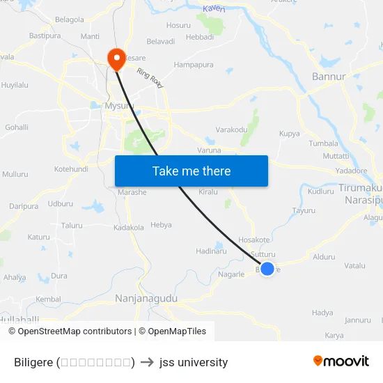 Biligere (ಬಿಳಿಗೆರೆ) to jss university map