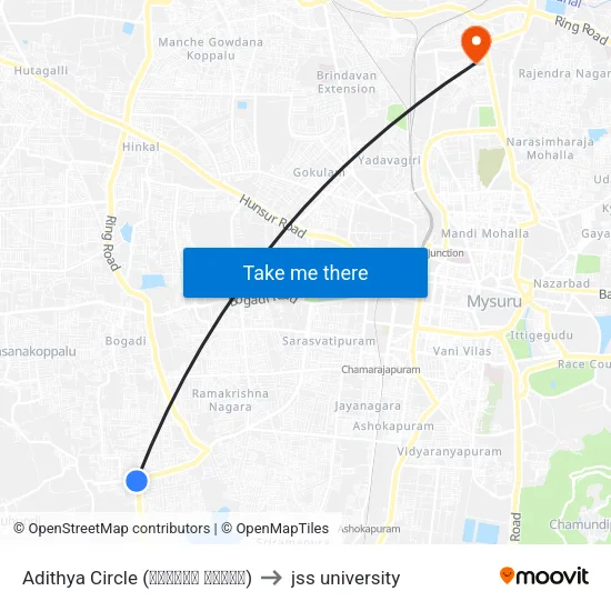 Adithya Circle (ಆದಿತ್ಯ ವೃತ್ತ) to jss university map