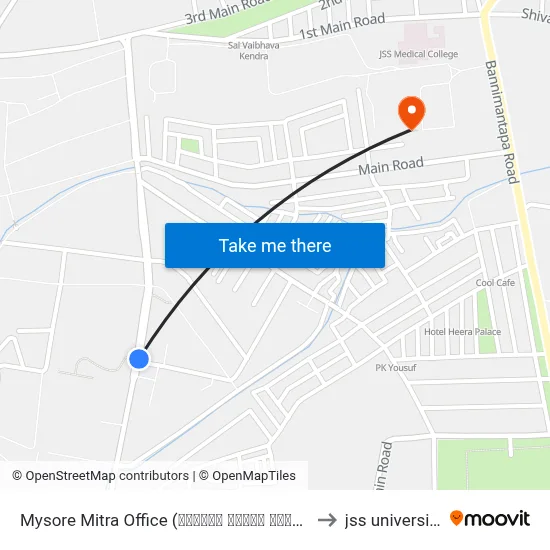 Mysore Mitra Office (ಮೈಸೂರು ಮಿತ್ರ ಕಛೇರಿ) to jss university map