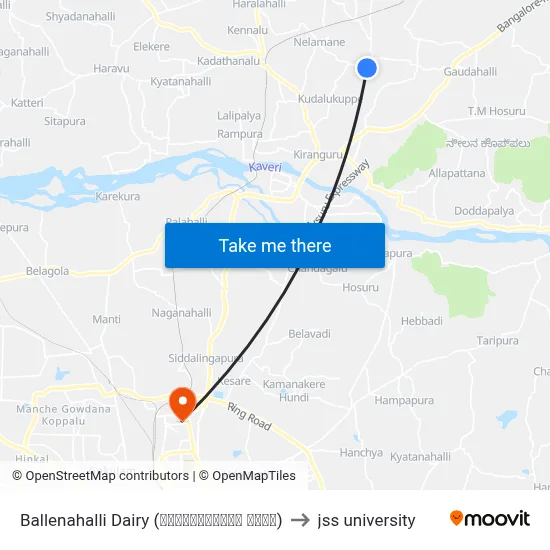 Ballenahalli Dairy (ಬಳ್ಳೇನಹಳ್ಳಿ ಡೈರಿ) to jss university map