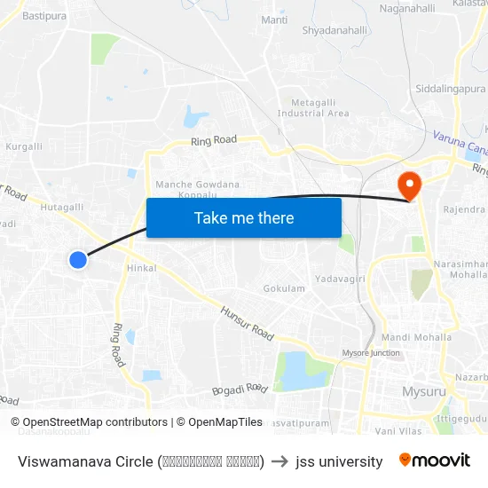 Viswamanava Circle (ವಿಶ್ವಮಾನವ ವೃತ್ತ) to jss university map