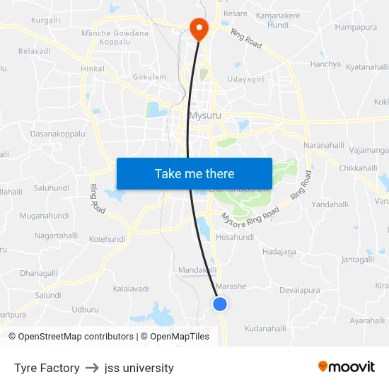 Tyre Factory to jss university map