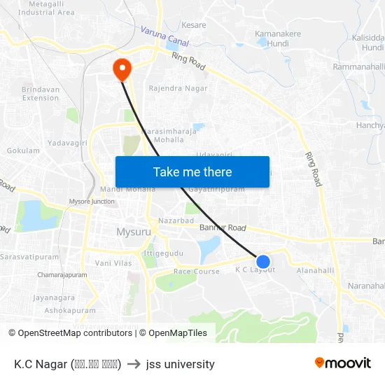 K.C Nagar (ಕೆ.ಸಿ ನಗರ) to jss university map