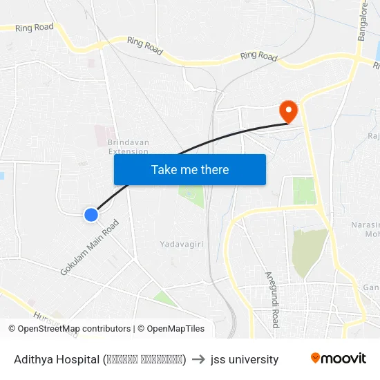 Adithya Hospital (ಆದಿತ್ಯ ಆಸ್ಪತ್ರೆ) to jss university map