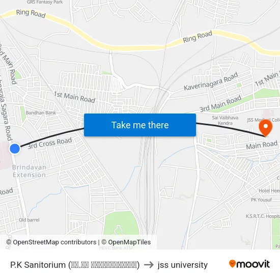 P.K Sanitorium (ಪಿ.ಕೆ ಸ್ಯಾನಿಟೋರಿಯಂ) to jss university map