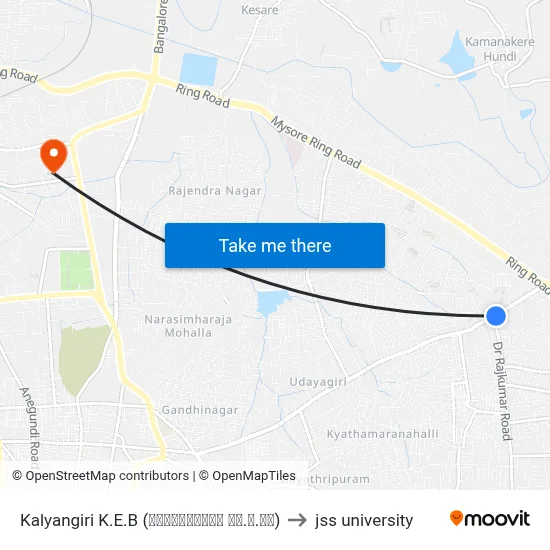 Kalyangiri K.E.B (ಕಲ್ಯಾಣಗಿರಿ ಕೆ.ಇ.ಬಿ) to jss university map
