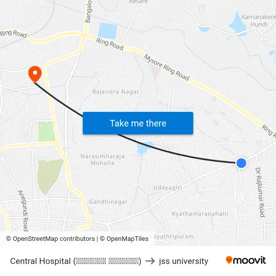 Central Hospital (ಸೆಂಟ್ರಲ್ ಆಸ್ಪತ್ರೆ) to jss university map
