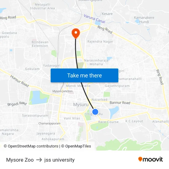 Mysore Zoo to jss university map