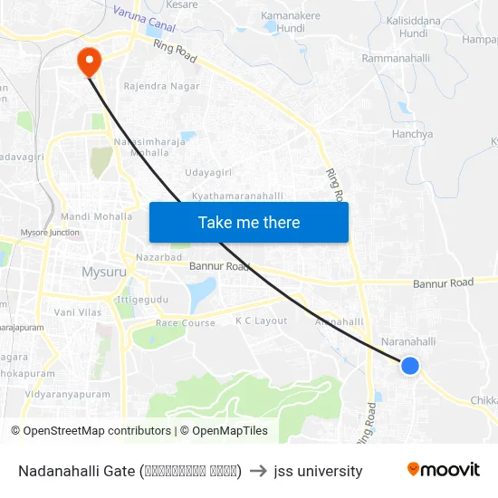 Nadanahalli Gate (ನಾದನಹಳ್ಳಿ ಗೇಟ್) to jss university map