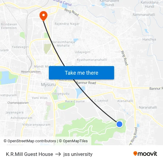 K.R.Mill Guest House to jss university map