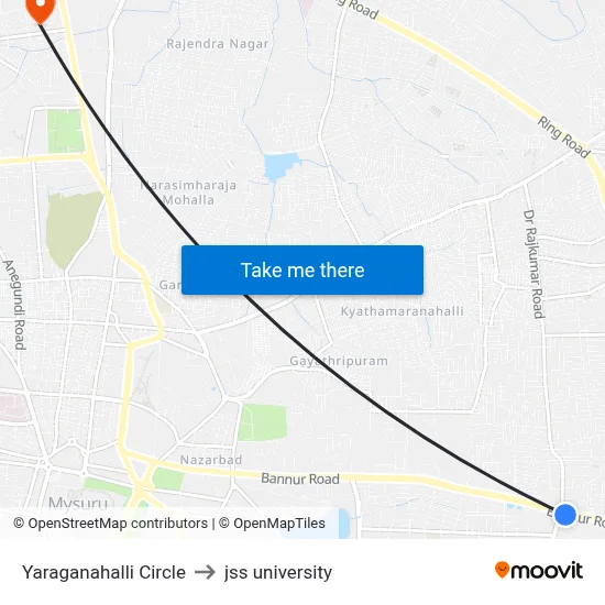 Yaraganahalli Circle to jss university map