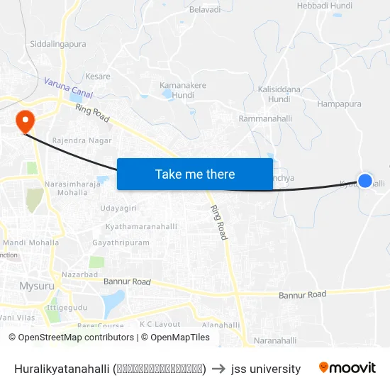 Huralikyatanahalli (ಹುರಳೀಕ್ಯಾತನಹಳ್ಳಿ) to jss university map