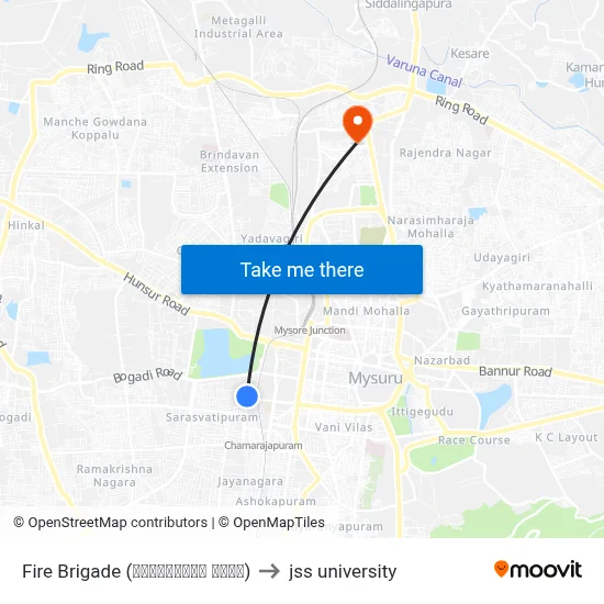 Fire Brigade (ಅಗ್ನಿಶಾಮಕ ಠಾಣೆ) to jss university map