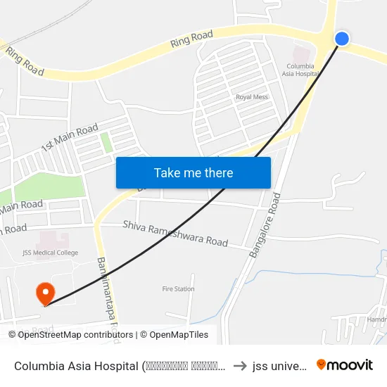 Columbia Asia Hospital (ಕೊಲಂಬಿಯಾ ಏಷ್ಯಾ ಆಸ್ಪತ್ರೆ) to jss university map