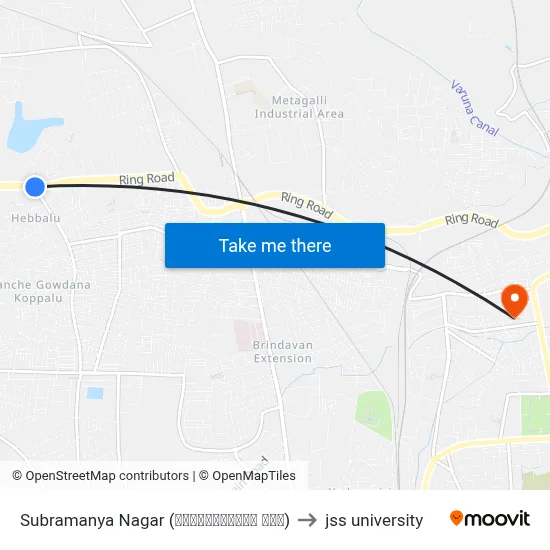 Subramanya Nagar (ಸುಬ್ರಹ್ಮಣ್ಯ ನಗರ) to jss university map