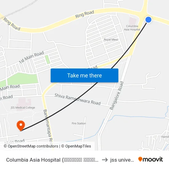 Columbia Asia Hospital (ಕೊಲಂಬಿಯಾ ಏಷ್ಯಾ ಆಸ್ಪತ್ರೆ) to jss university map