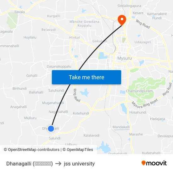 Dhanagalli (ಧನಗಳ್ಳಿ) to jss university map