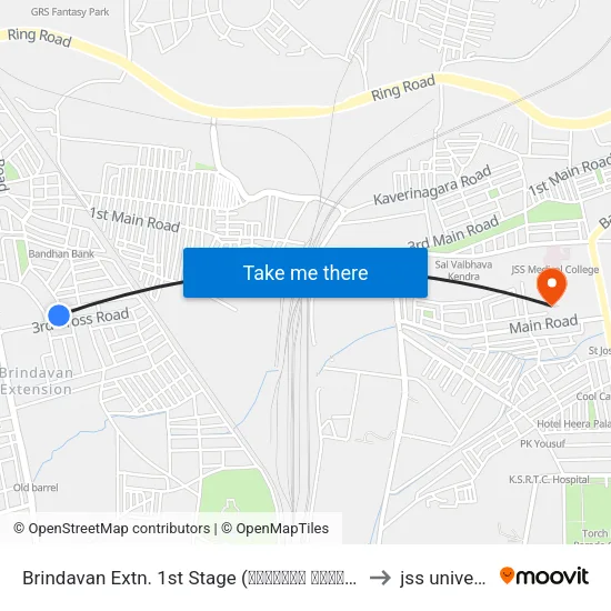 Brindavan Extn. 1st Stage (ಬೃಂದಾವನ ಬಡಾವಣೆ 1ನೇ ಹಂತ) to jss university map