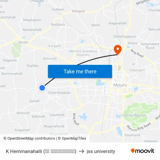 K Hemmanahalli (ಕೆ ಹೆಮ್ಮನಹಳ್ಳಿ) to jss university map