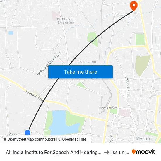 All India Institute For Speech And Hearing (ಅಖಿಲ ಭಾರತ ವಾಕ್‌ ಶ್ರವಣ ಸಂಸ್ಥೆ) to jss university map