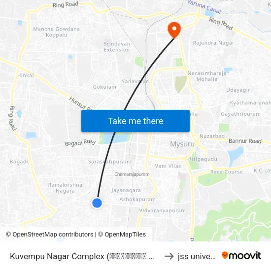 Kuvempu Nagar Complex (ಕುವೆಂಪುನಗರ ಕಾಂಪ್ಲೆಕ್ಸ್) to jss university map