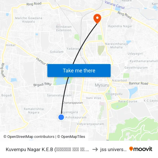 Kuvempu Nagar K.E.B (ಕುವೆಂಪು ನಗರ ಕೆ.ಇ.ಬಿ) to jss university map