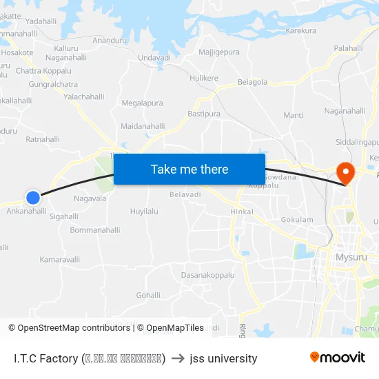 I.T.C Factory (ಐ.ಟಿ.ಸಿ ಕಾರ್ಖಾನೆ) to jss university map
