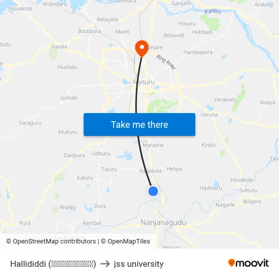 Hallididdi (ಹಳ್ಳಿದಿಡ್ಡಿ) to jss university map