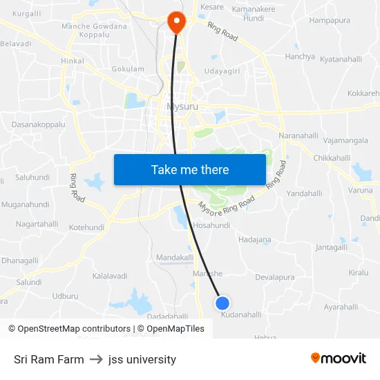 Sri Ram Farm to jss university map