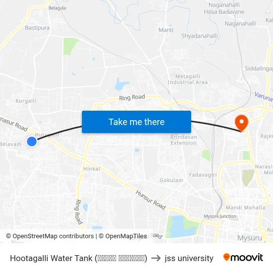 Hootagalli Water Tank (ವಾಟರ್ ಟ್ಯಾಂಕ್) to jss university map