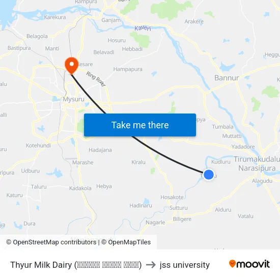 Thyur Milk Dairy (ತೈಯೂರು ಹಾಲಿನ ಡೈರಿ) to jss university map