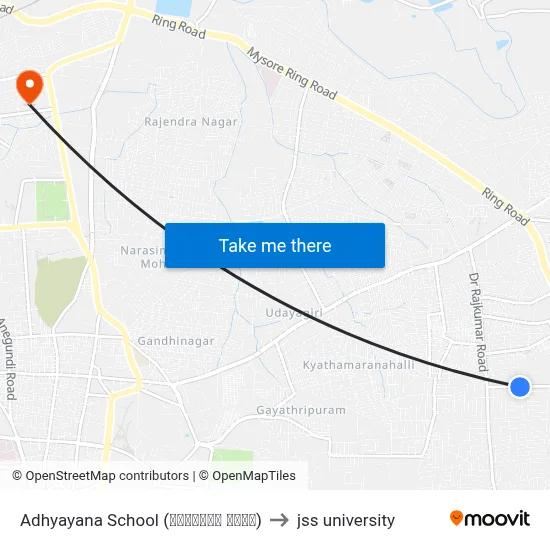 Adhyayana School (ಅಧ್ಯಾಯನ ಶಾಲೆ) to jss university map