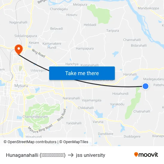 Hunaganahalli (ಹುನಗನಹಳ್ಳಿ) to jss university map