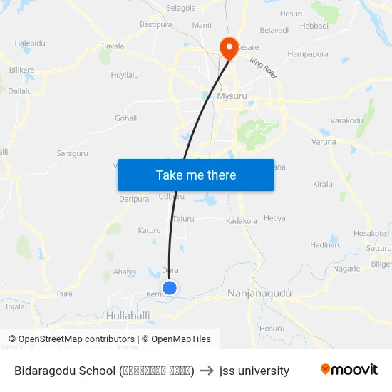 Bidaragodu School (ಬಿದರಗೊಡು ಶಾಲೆ) to jss university map