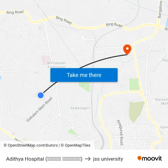 Adithya Hospital (ಆದಿತ್ಯ ಆಸ್ಪತ್ರೆ) to jss university map