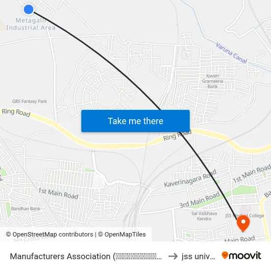Manufacturers Association (ಮ್ಯಾನುಫಾಕ್ಚರರ‍್ಸ್ ಅಸೋಸಿಯೇಶನ್) to jss university map