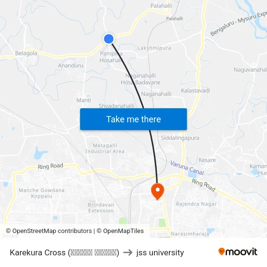 Karekura Cross (ಕರೇಕೂರ ಕ್ರಾಸ್) to jss university map
