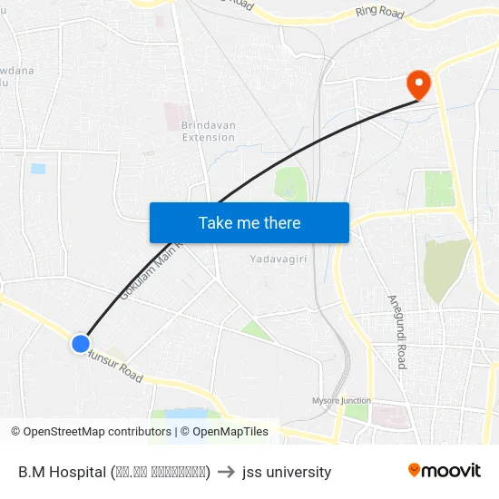 B.M Hospital (ಬಿ.ಎಂ ಆಸ್ಪತ್ರೆ) to jss university map