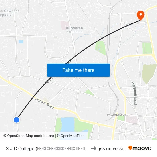 S.J.C College (ಶ್ರೀ ಜಯಚಾಮರಾಜೇಂದ್ರ ಕಾಲೇಜು) to jss university map