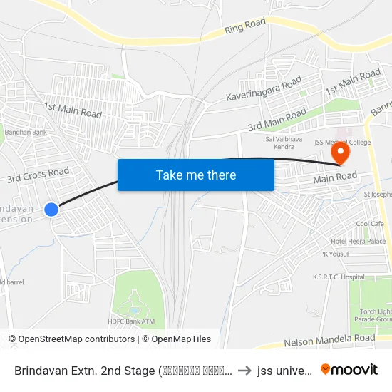 Brindavan Extn. 2nd Stage (ಬೃಂದಾವನ ಬಡಾವಣೆ 2ನೇ ಹಂತ) to jss university map